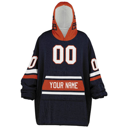 Navy, orange, and white classic snug hoodie featuring authentic jersey striping and personalized number details.