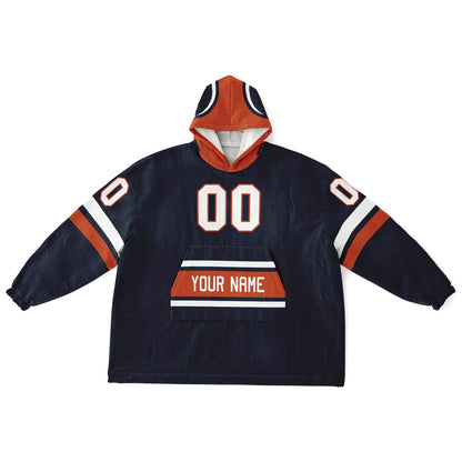 Navy, orange, and white classic snug hoodie featuring authentic jersey striping and personalized number details.