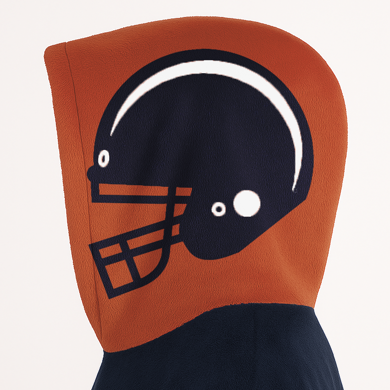 Navy, orange, and white classic snug hoodie featuring authentic jersey striping and personalized number details.