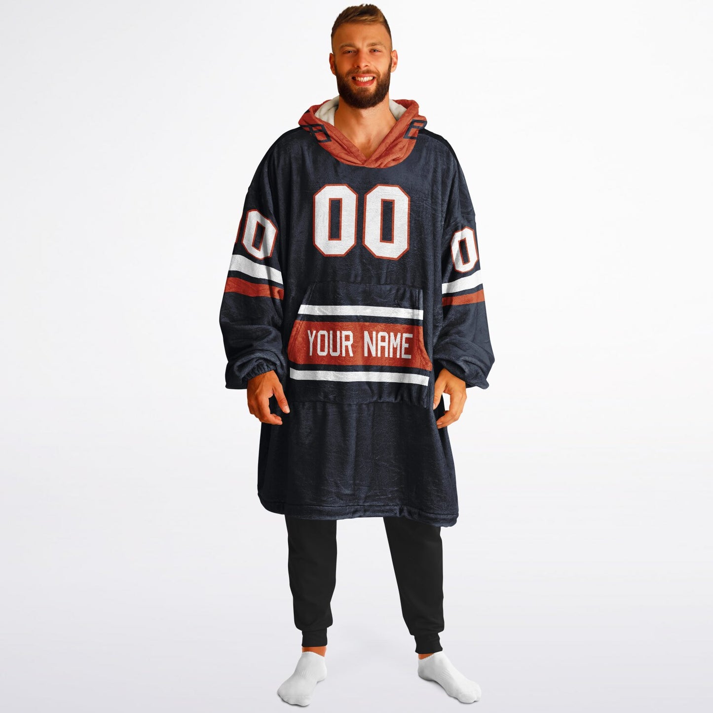 Navy, orange, and white classic snug hoodie featuring authentic jersey striping and personalized number details.