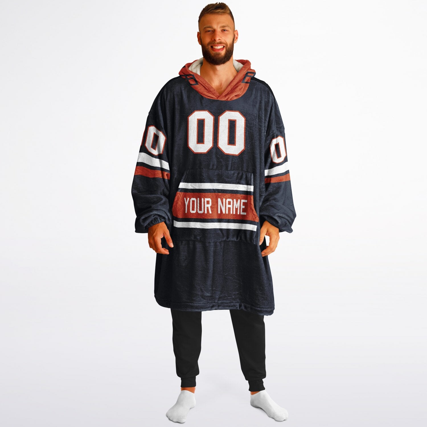 Navy, orange, and white classic snug hoodie featuring authentic jersey striping and personalized number details.