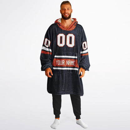 Navy, orange, and white classic snug hoodie featuring authentic jersey striping and personalized number details.