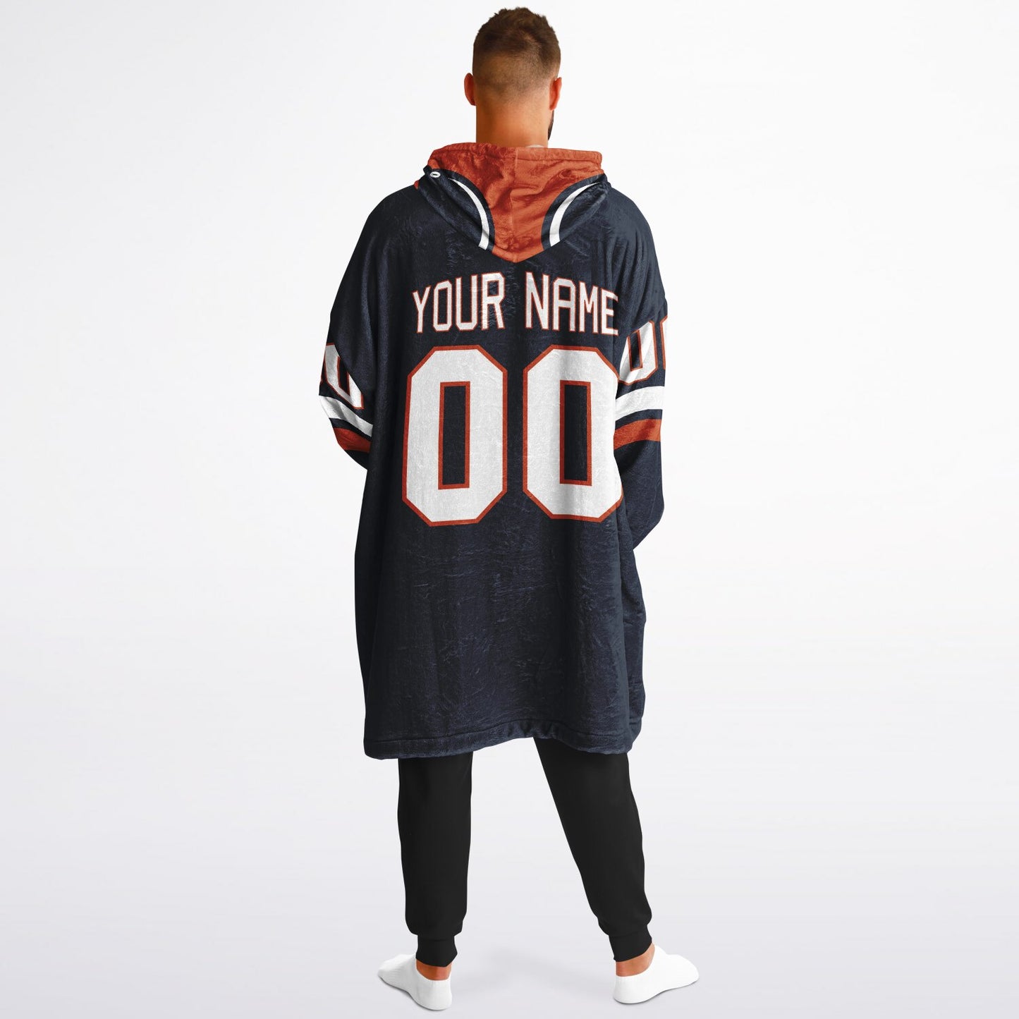 Navy, orange, and white classic snug hoodie featuring authentic jersey striping and personalized number details.