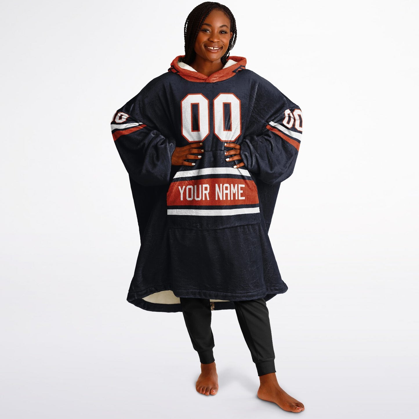 Navy, orange, and white classic snug hoodie featuring authentic jersey striping and personalized number details.