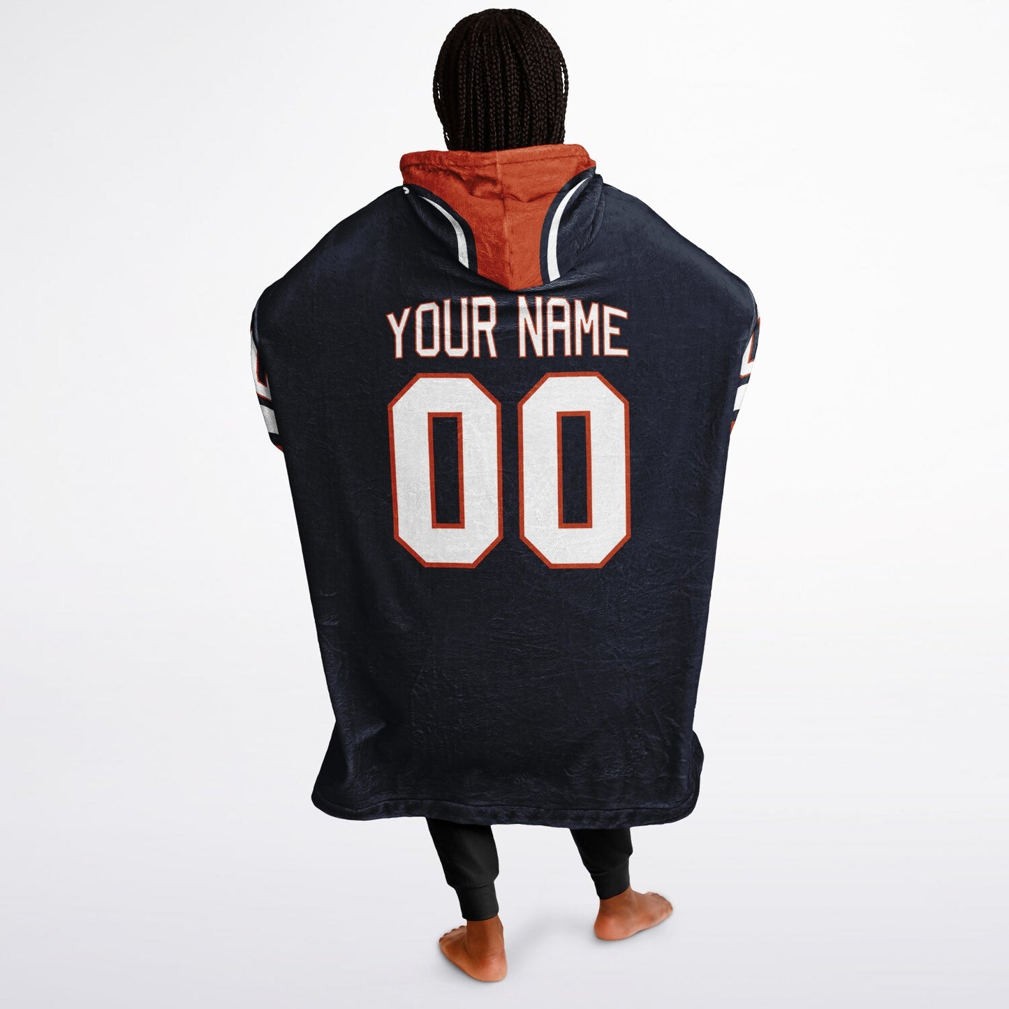 Navy, orange, and white classic snug hoodie featuring authentic jersey striping and personalized number details.