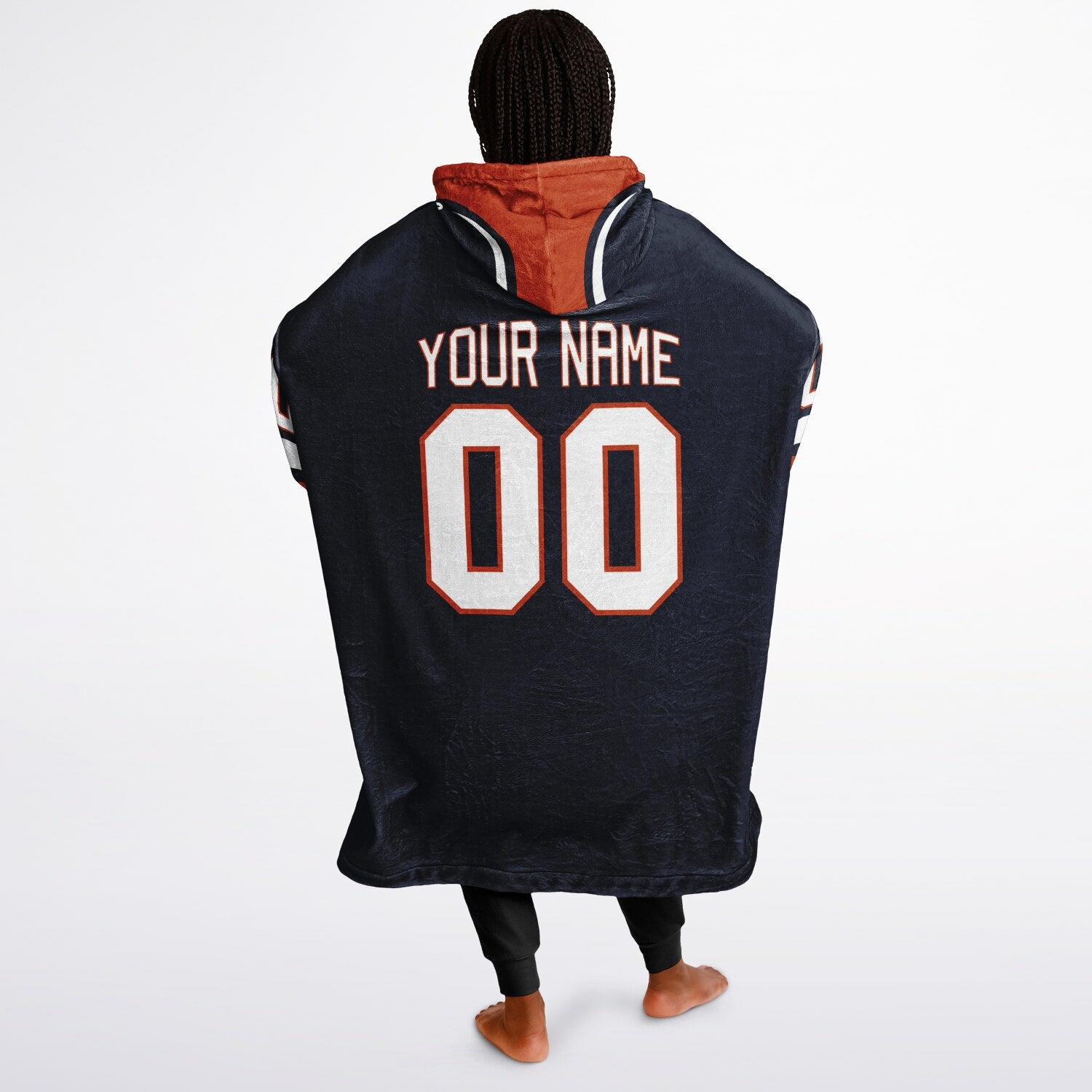 Navy, orange, and white classic snug hoodie featuring authentic jersey striping and personalized number details.