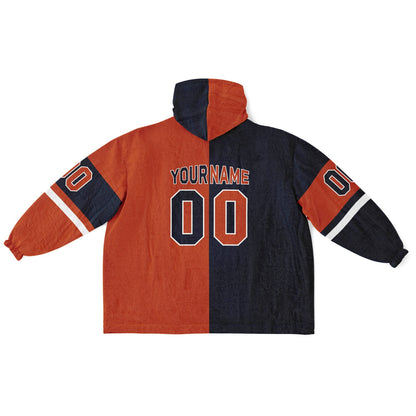Navy, orange, and white halftime snug hoodie with three-tone split design and cozy fleece texture.