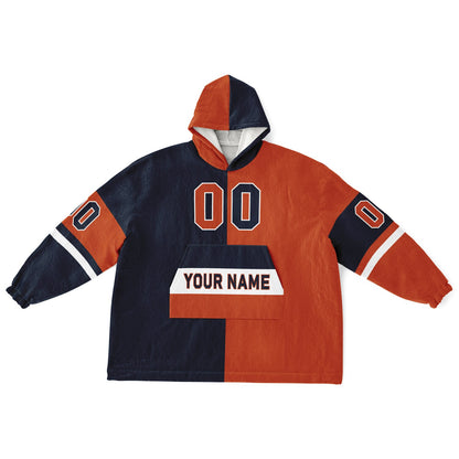 Navy, orange, and white halftime snug hoodie with three-tone split design and cozy fleece texture.