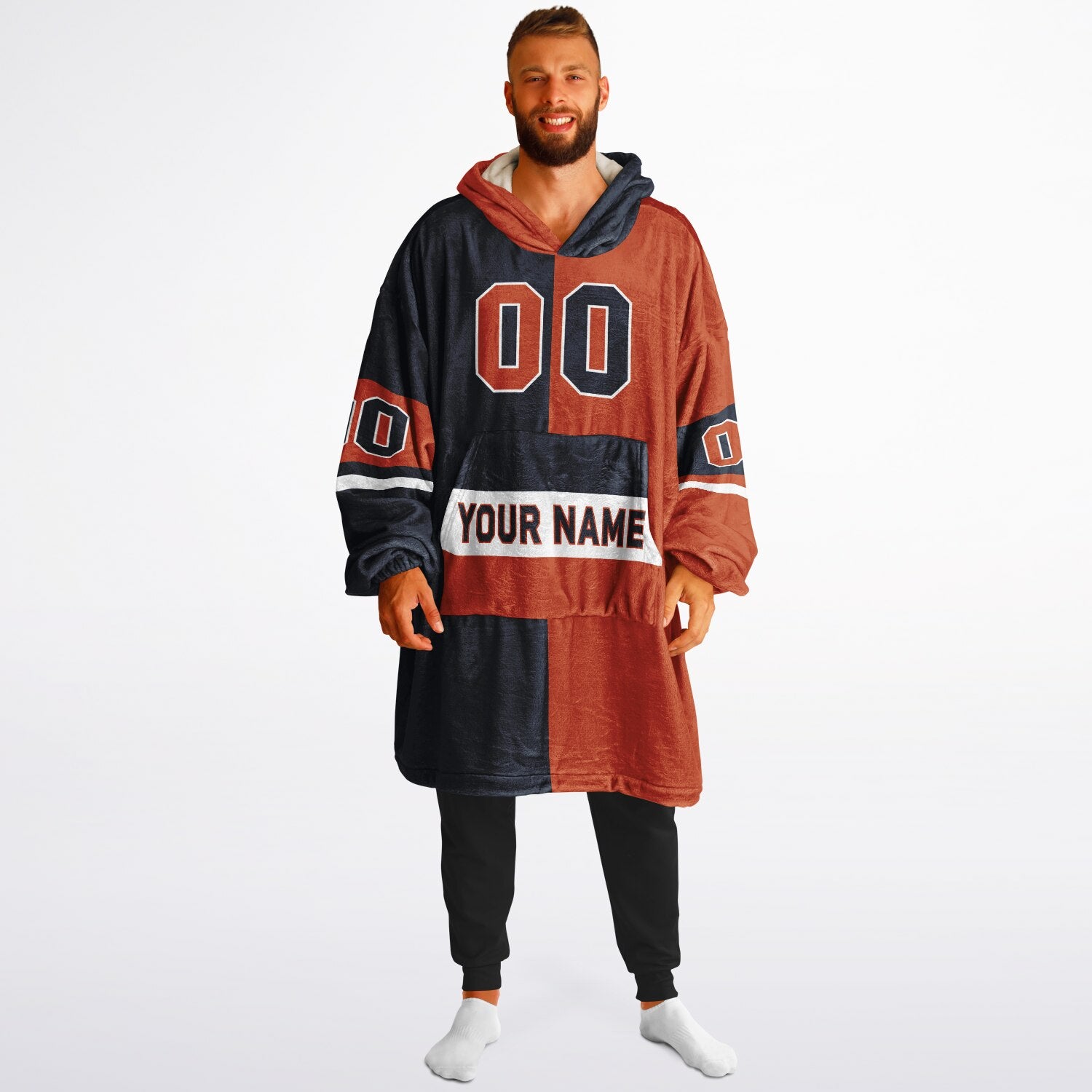 Navy, orange, and white halftime snug hoodie with three-tone split design and cozy fleece texture.