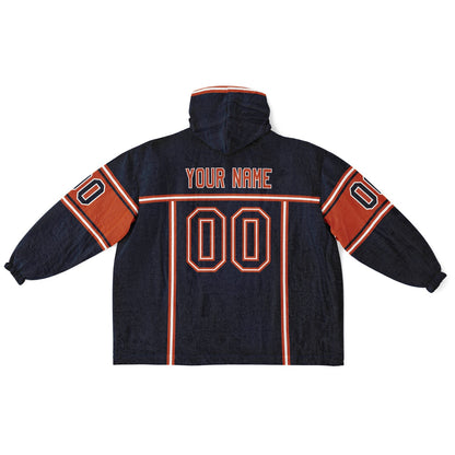 Navy, orange, and white lineup snug hoodie with clean line work and subtle jersey influence.