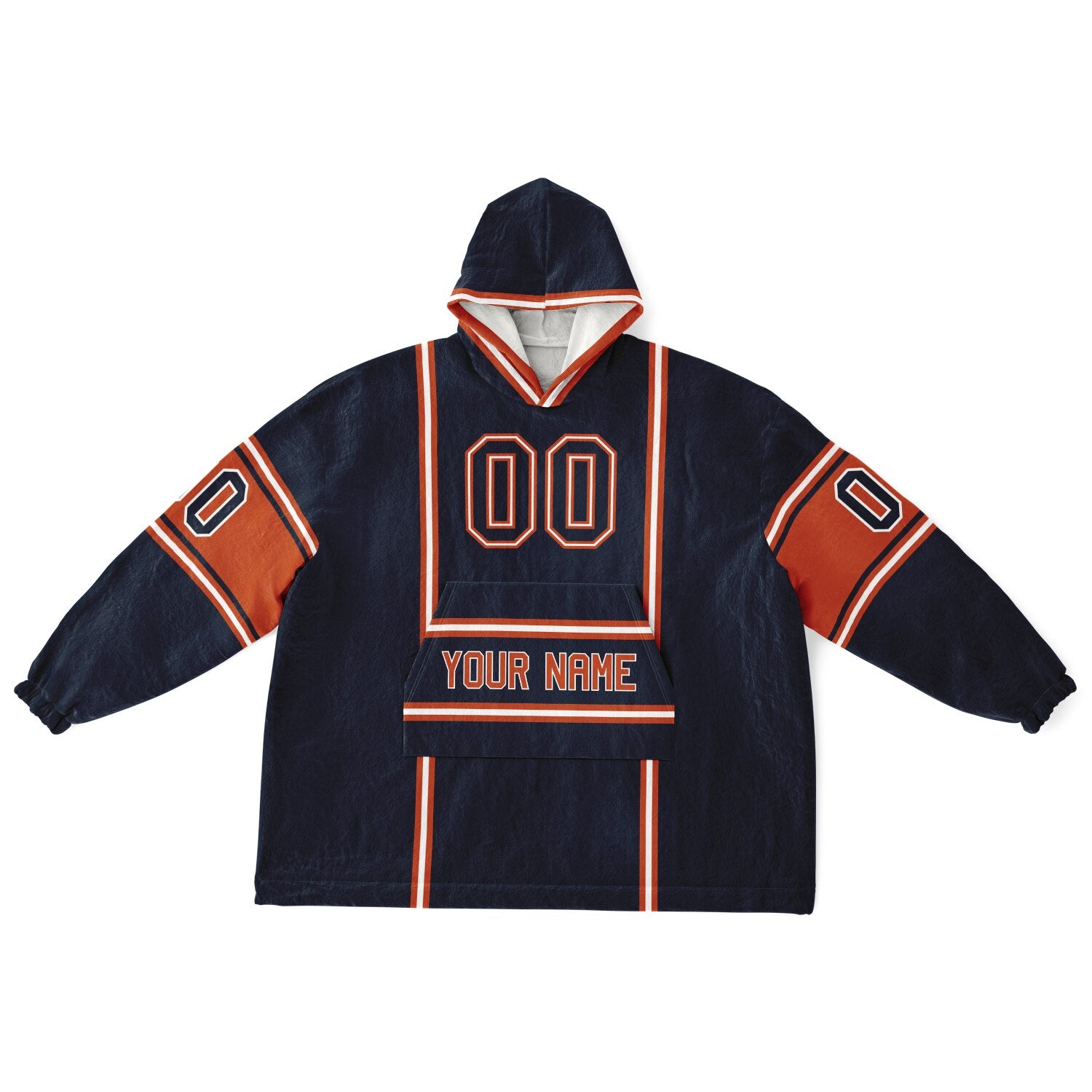 Navy, orange, and white lineup snug hoodie with clean line work and subtle jersey influence.