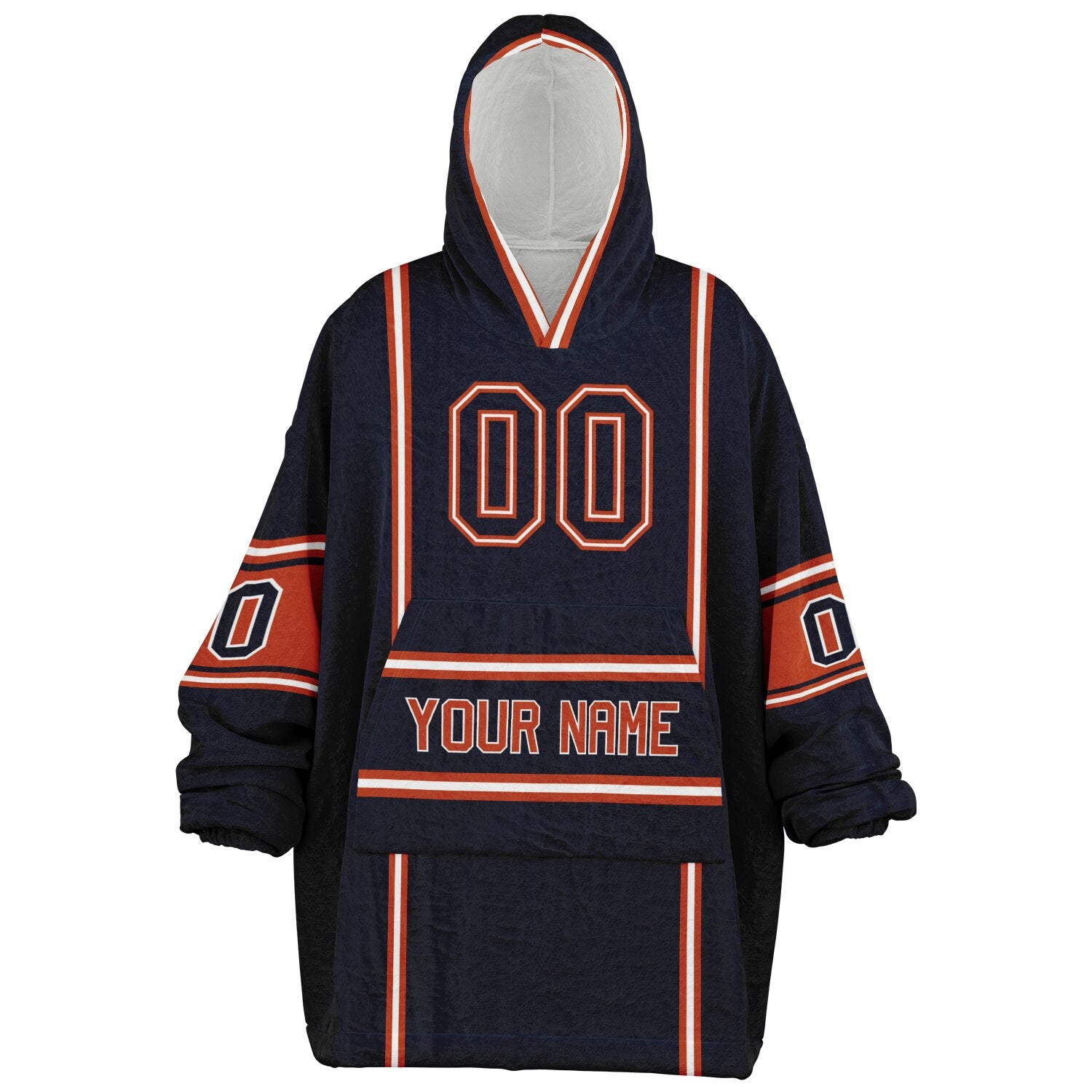 Navy, orange, and white lineup snug hoodie with clean line work and subtle jersey influence.