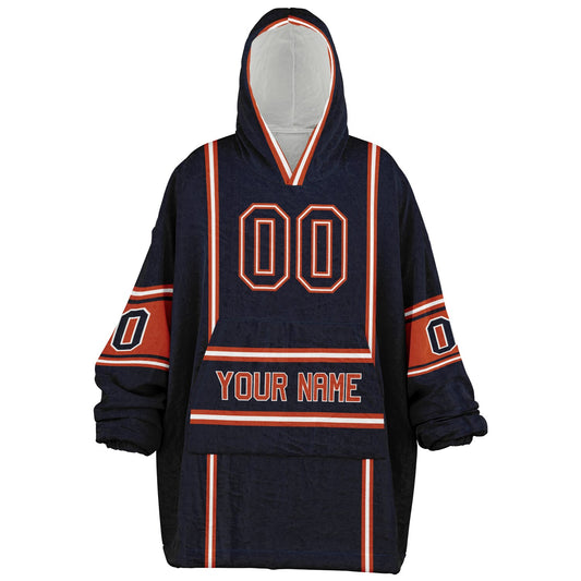 Navy, orange, and white lineup snug hoodie with clean line work and subtle jersey influence.