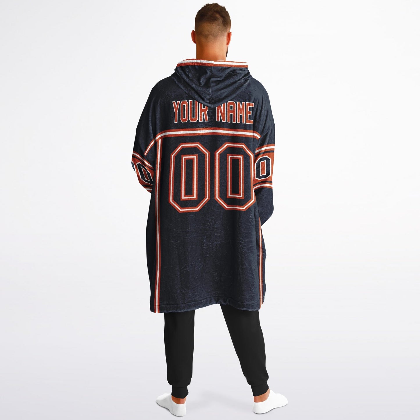Navy, orange, and white lineup snug hoodie with clean line work and subtle jersey influence.