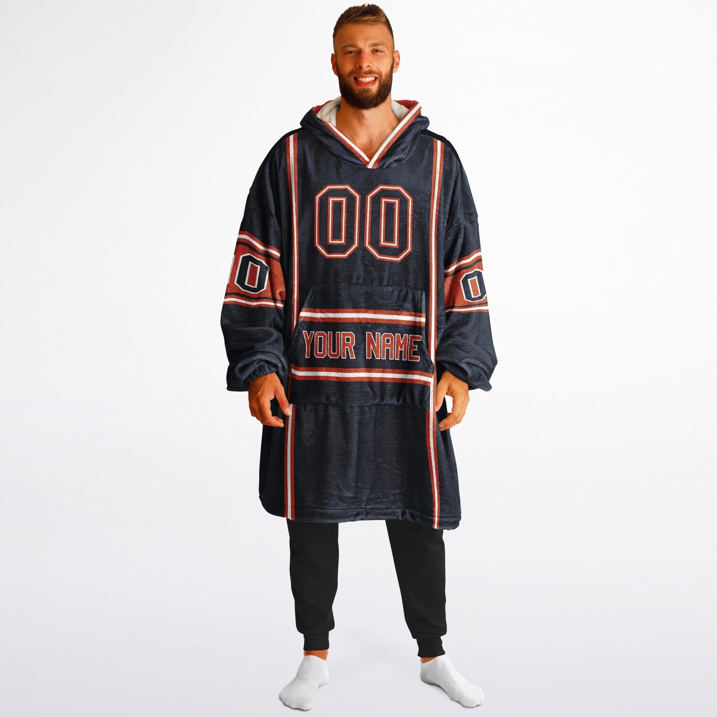 Navy, orange, and white lineup snug hoodie with clean line work and subtle jersey influence.