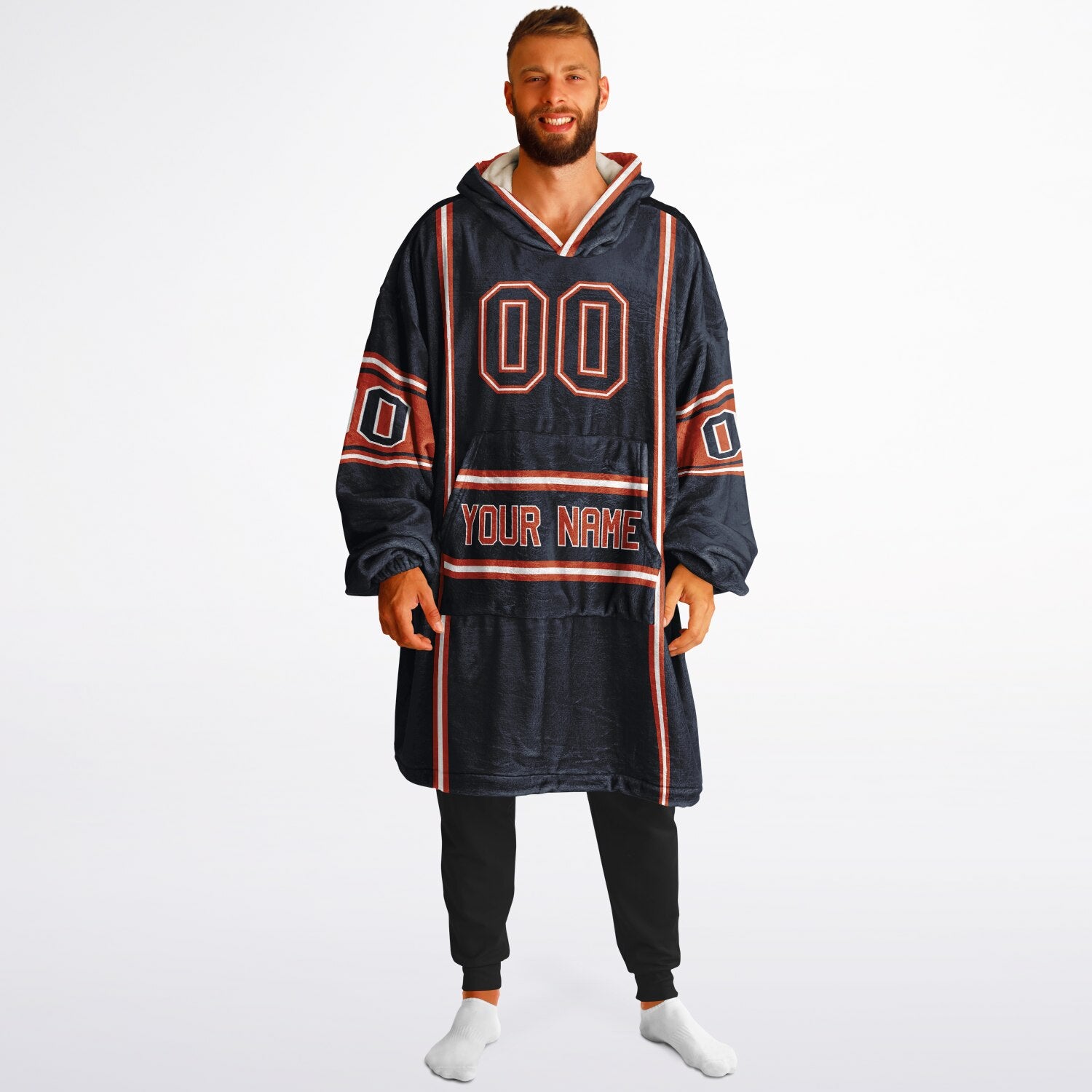 Navy, orange, and white lineup snug hoodie with clean line work and subtle jersey influence.