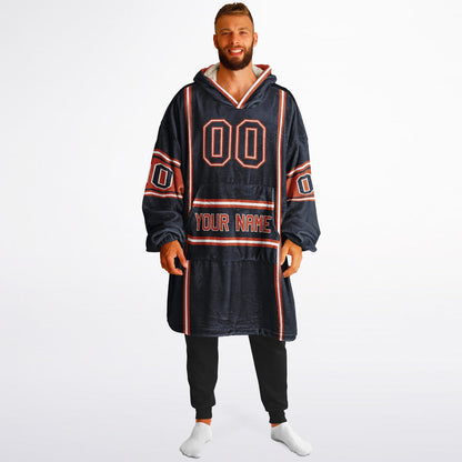 Navy, orange, and white lineup snug hoodie with clean line work and subtle jersey influence.