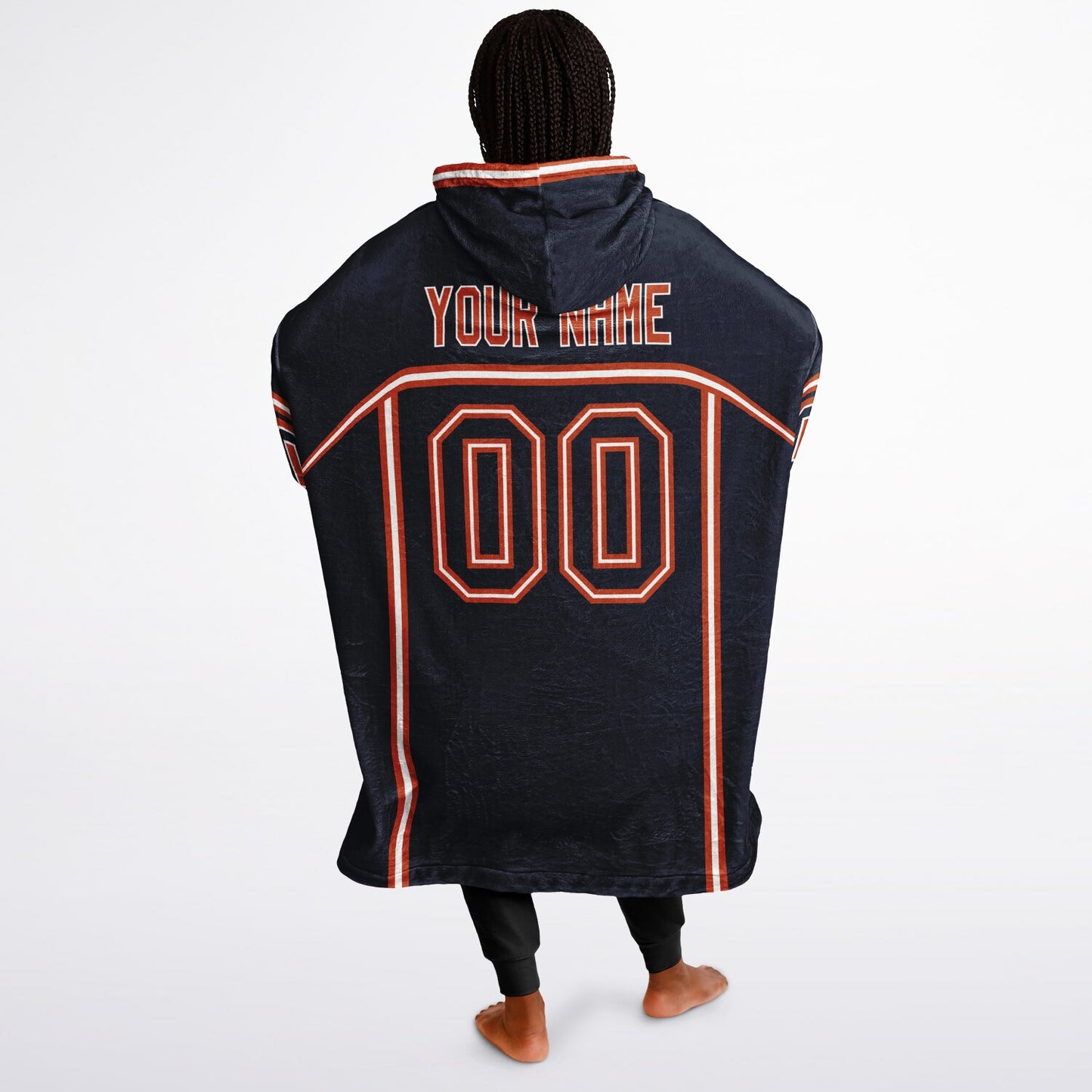 Navy, orange, and white lineup snug hoodie with clean line work and subtle jersey influence.