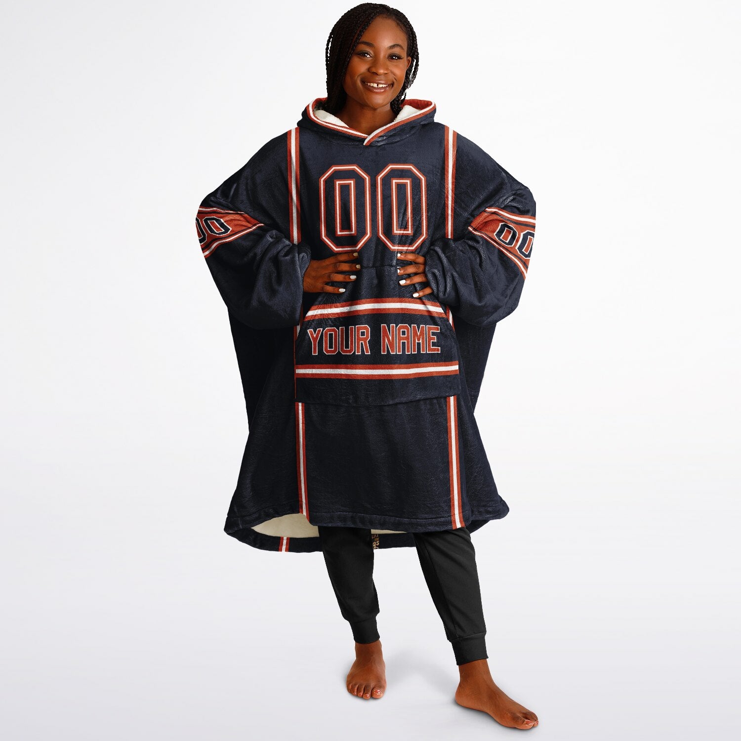 Navy, orange, and white lineup snug hoodie with clean line work and subtle jersey influence.