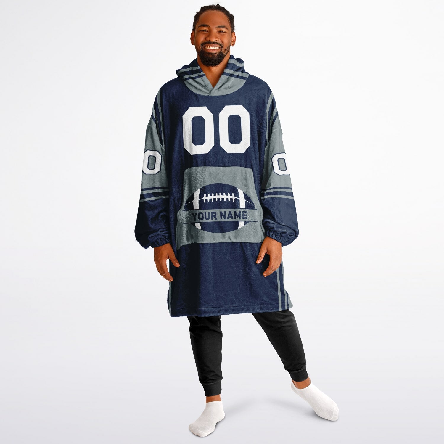 Navy and silver bold snug hoodie with modern color-block design and soft loungewear fit.