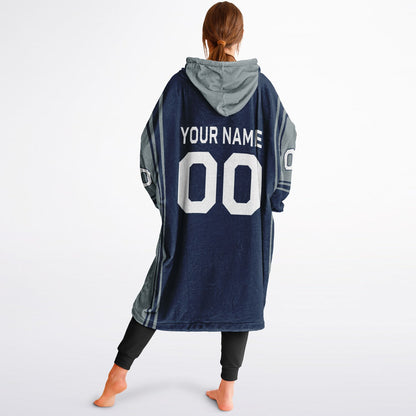 Navy and silver bold snug hoodie with modern color-block design and soft loungewear fit.