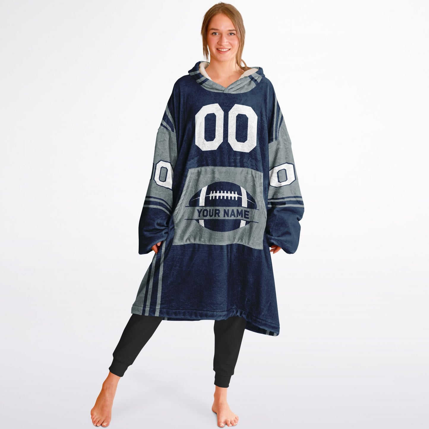 Navy and silver bold snug hoodie with modern color-block design and soft loungewear fit.