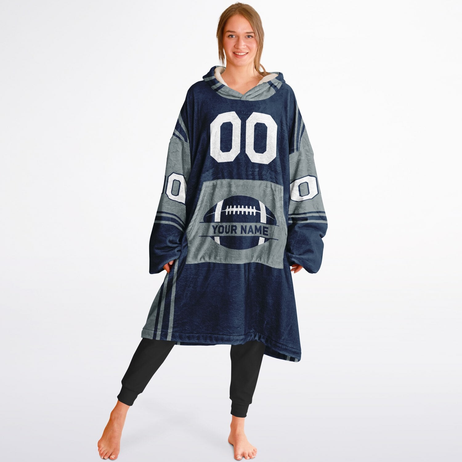 Navy and silver bold snug hoodie with modern color-block design and soft loungewear fit.
