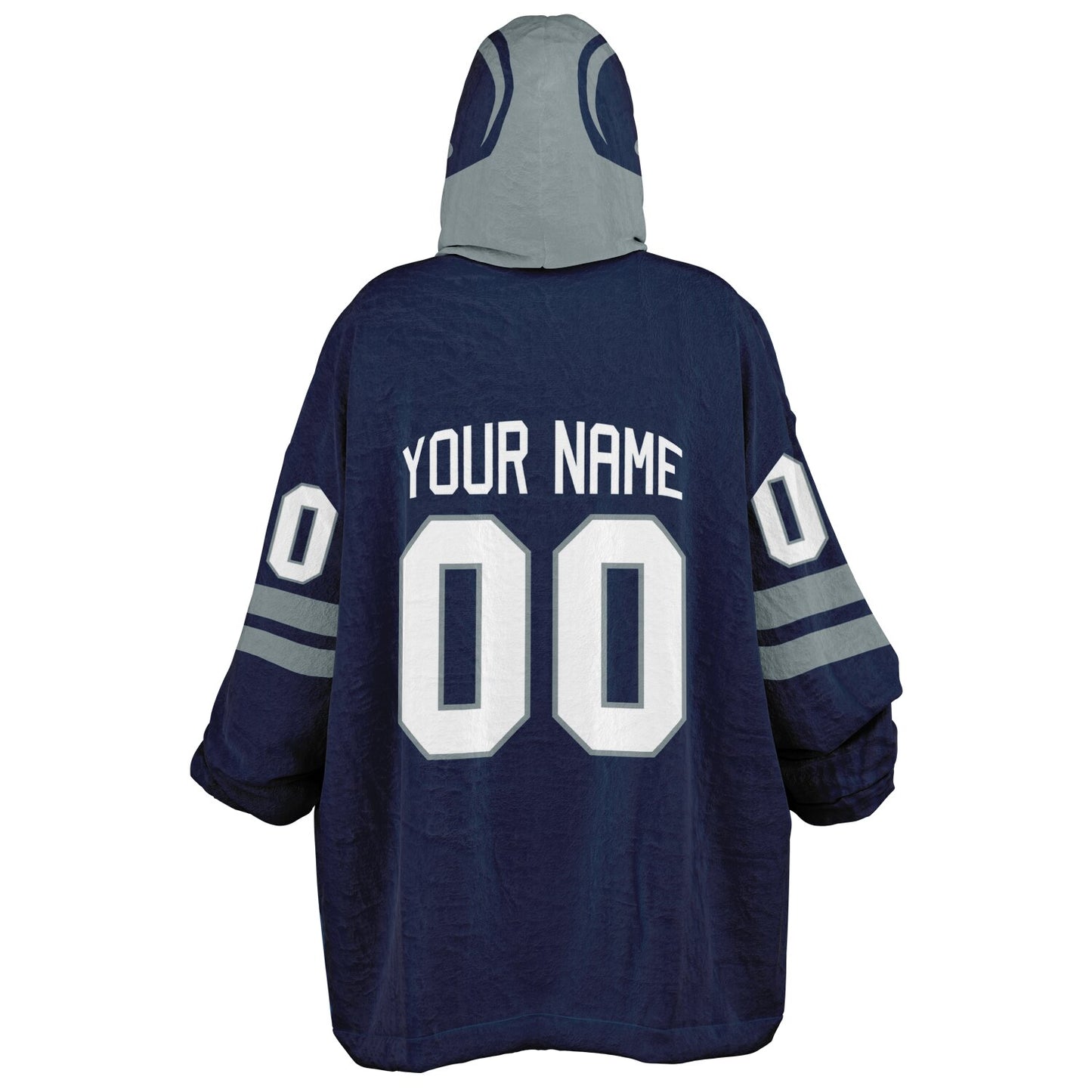 Navy and silver classic snug hoodie featuring jersey-style stripes and personalized name and number.