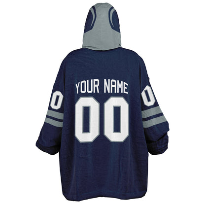 Navy and silver classic snug hoodie featuring jersey-style stripes and personalized name and number.