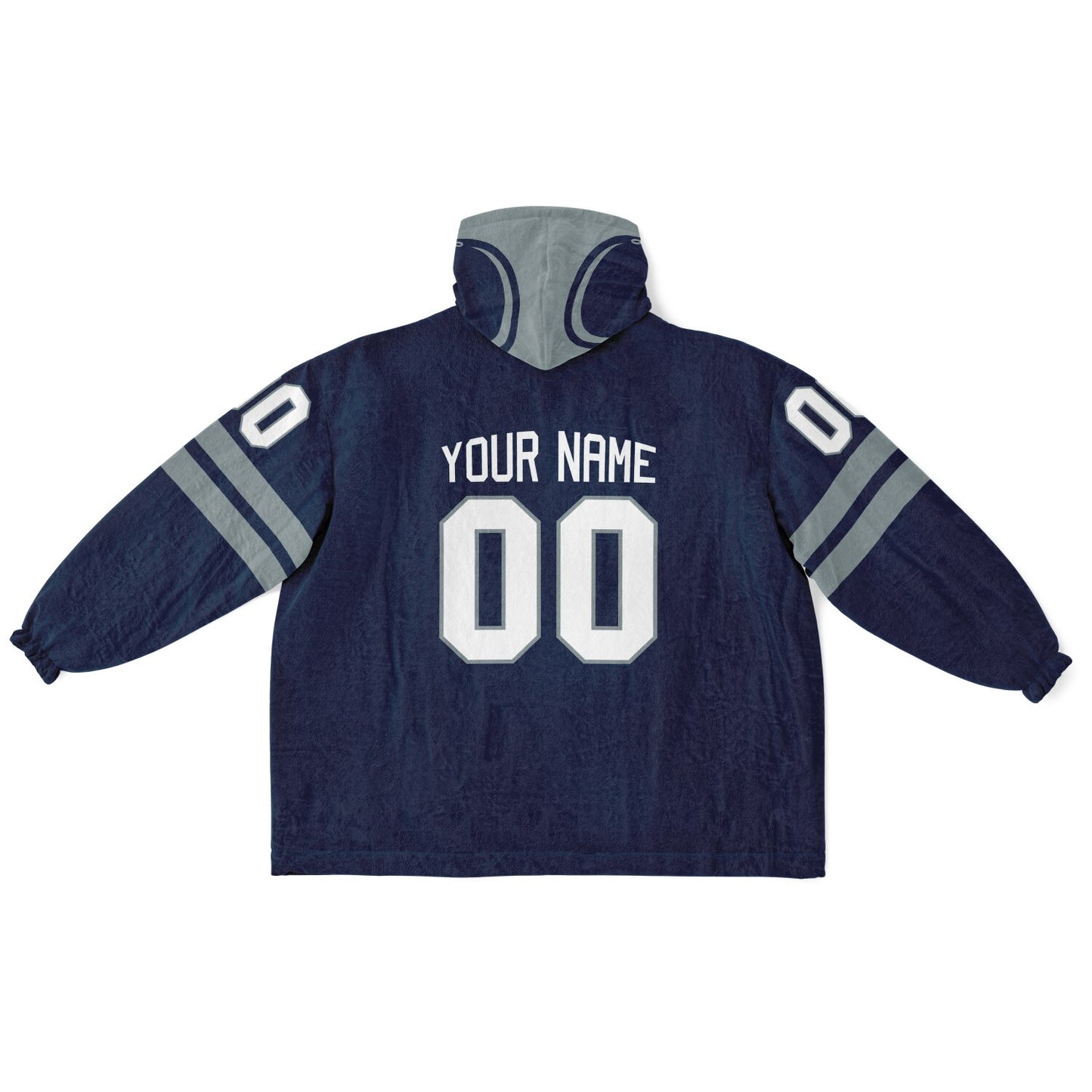 Navy and silver classic snug hoodie featuring jersey-style stripes and personalized name and number.