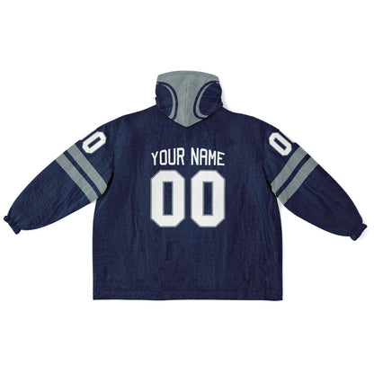 Navy and silver classic snug hoodie featuring jersey-style stripes and personalized name and number.