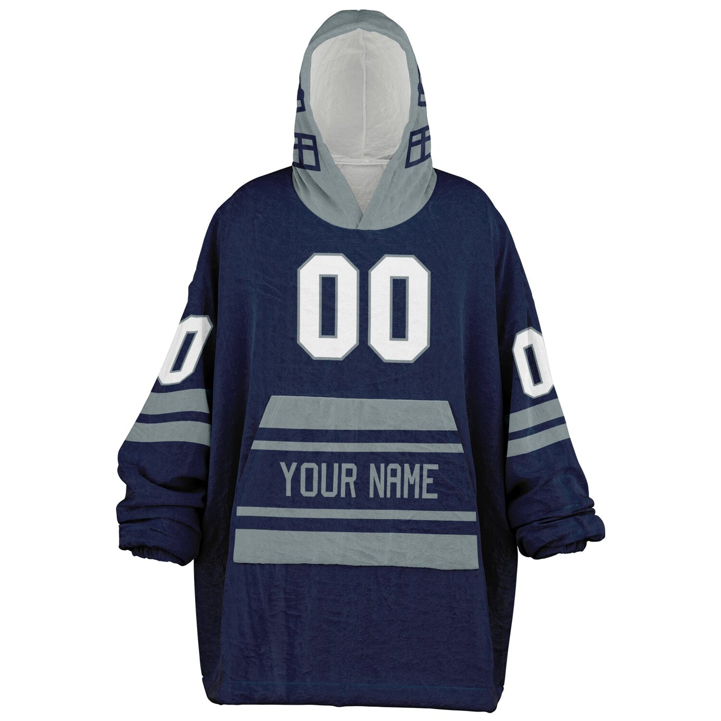 Navy and silver classic snug hoodie featuring jersey-style stripes and personalized name and number.