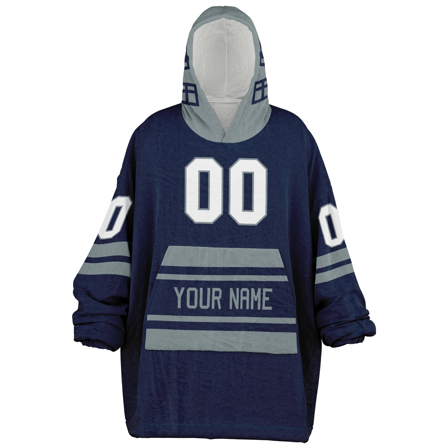 Navy and silver classic snug hoodie featuring jersey-style stripes and personalized name and number.