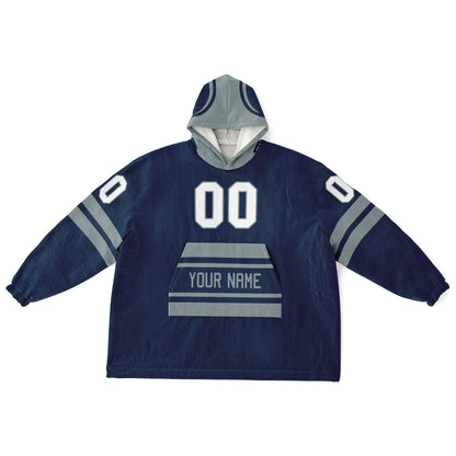 Navy and silver classic snug hoodie featuring jersey-style stripes and personalized name and number.