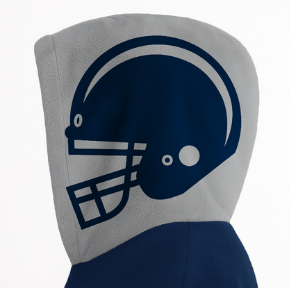 Navy and silver classic snug hoodie featuring jersey-style stripes and personalized name and number.