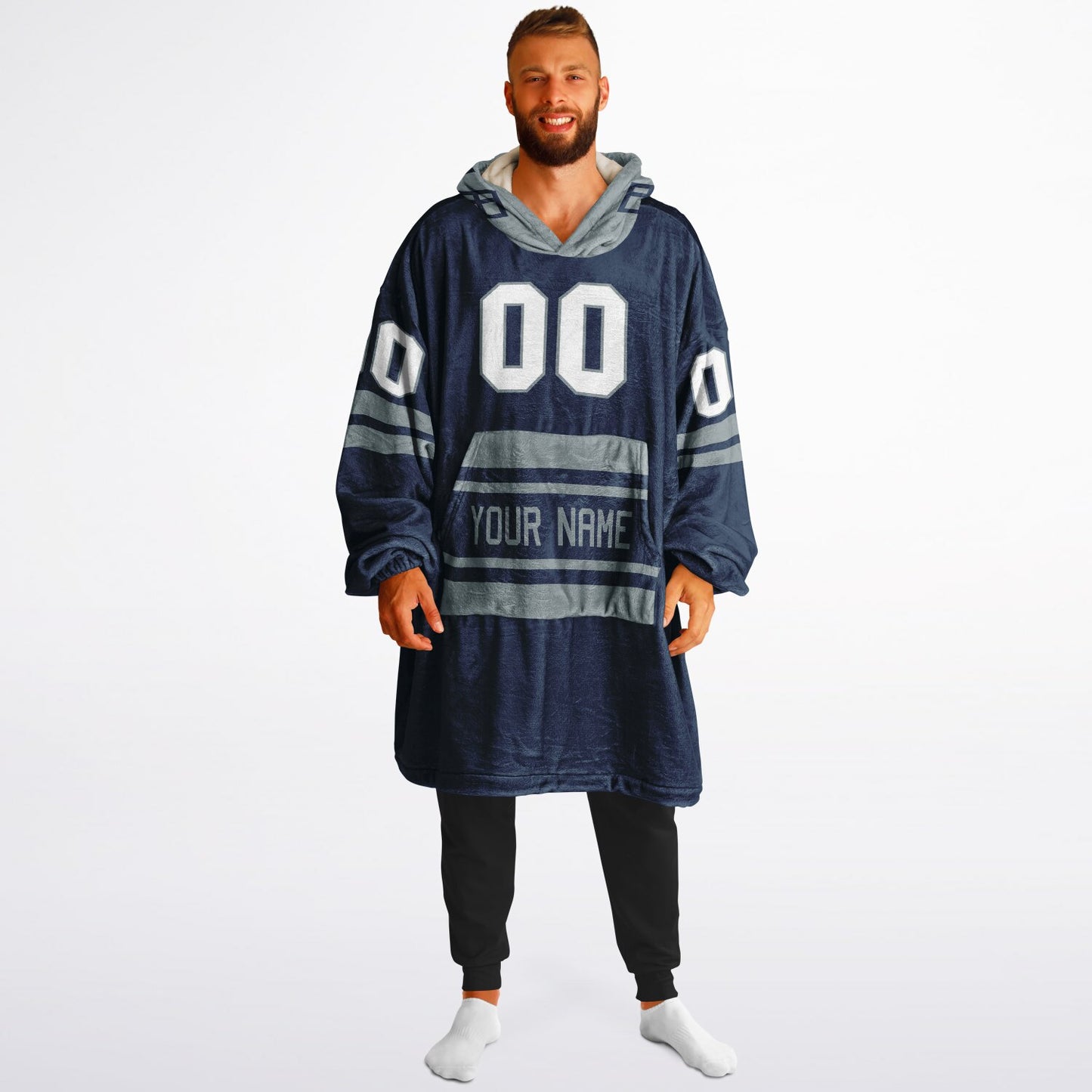 Navy and silver classic snug hoodie featuring jersey-style stripes and personalized name and number.