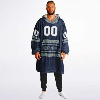 Navy and silver classic snug hoodie featuring jersey-style stripes and personalized name and number.