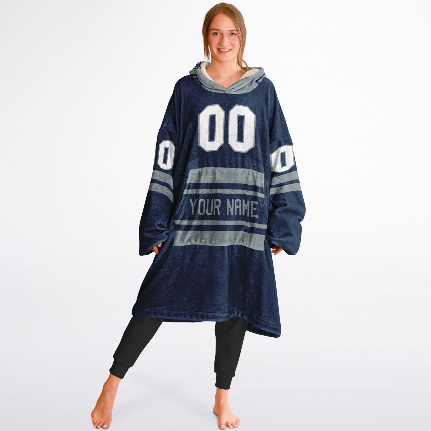 Navy and silver classic snug hoodie featuring jersey-style stripes and personalized name and number.