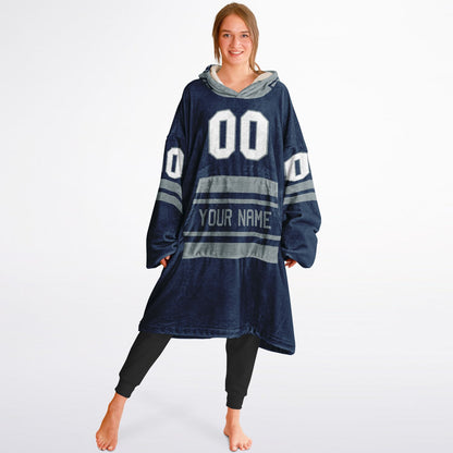 Navy and silver classic snug hoodie featuring jersey-style stripes and personalized name and number.