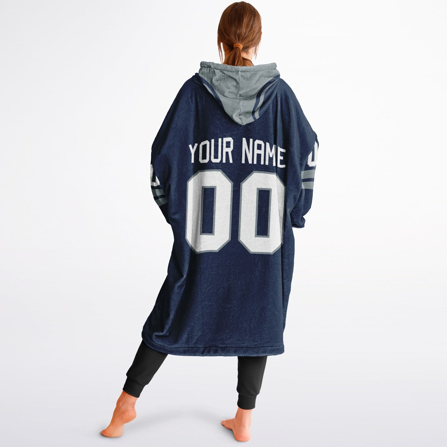 Navy and silver classic snug hoodie featuring jersey-style stripes and personalized name and number.