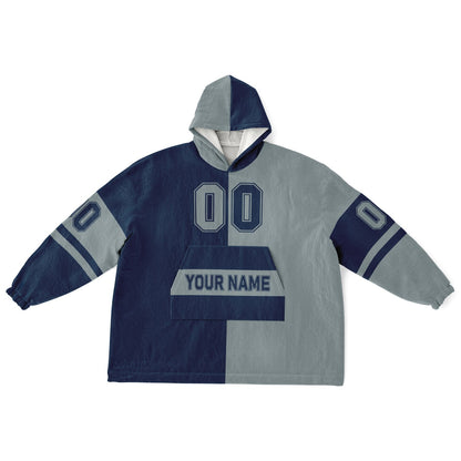 Navy and silver halftime snug hoodie featuring a symmetrical split design for a dynamic game-day look.