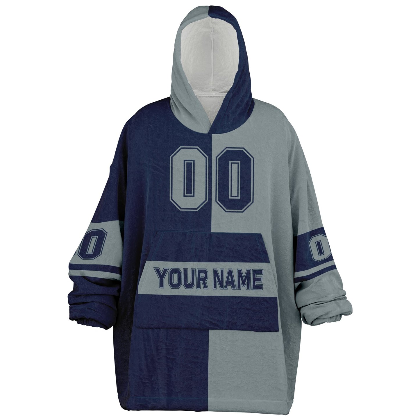 Navy and silver halftime snug hoodie featuring a symmetrical split design for a dynamic game-day look.
