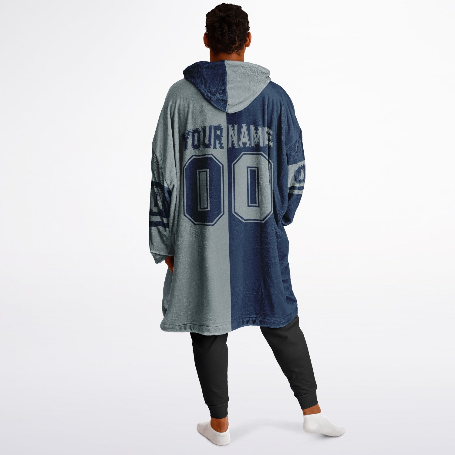 Navy and silver halftime snug hoodie featuring a symmetrical split design for a dynamic game-day look.