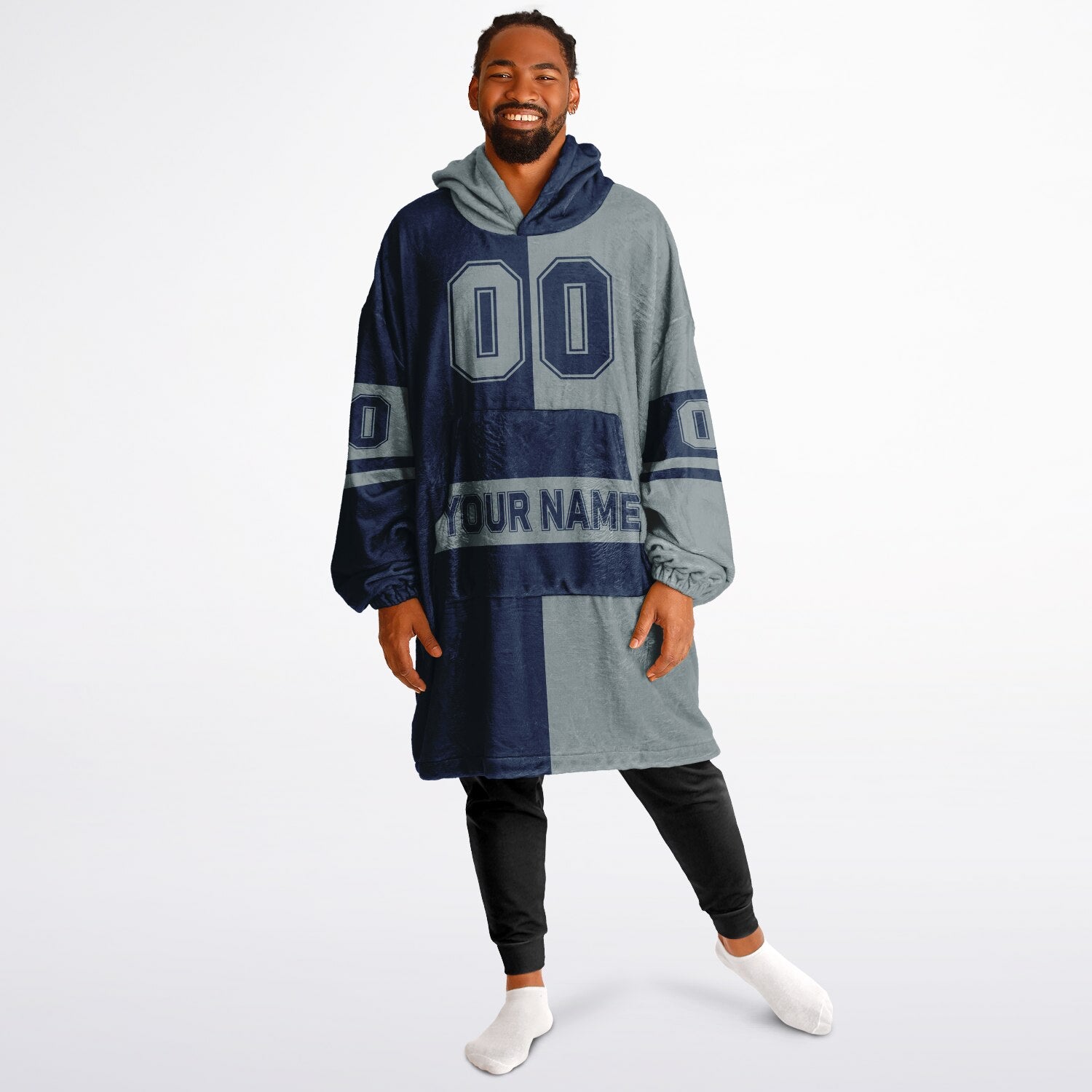 Navy and silver halftime snug hoodie featuring a symmetrical split design for a dynamic game-day look.