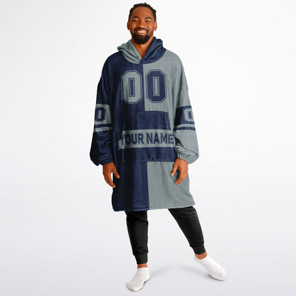 Navy and silver halftime snug hoodie featuring a symmetrical split design for a dynamic game-day look.