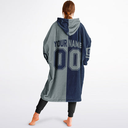 Navy and silver halftime snug hoodie featuring a symmetrical split design for a dynamic game-day look.