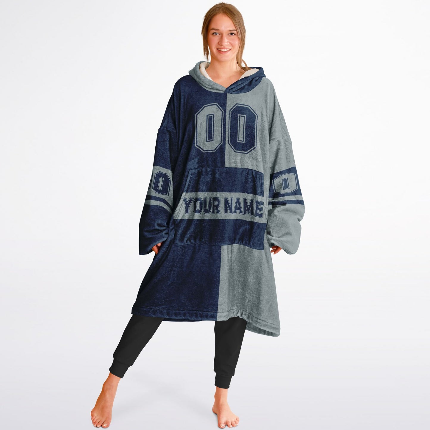 Navy and silver halftime snug hoodie featuring a symmetrical split design for a dynamic game-day look.