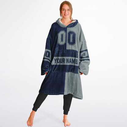 Navy and silver halftime snug hoodie featuring a symmetrical split design for a dynamic game-day look.