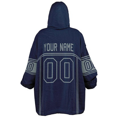 Navy and silver lineup snug hoodie featuring sleek line-art details and minimalist team-inspired design.