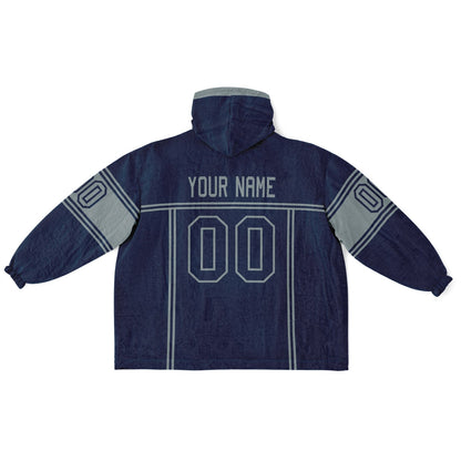 Navy and silver lineup snug hoodie featuring sleek line-art details and minimalist team-inspired design.
